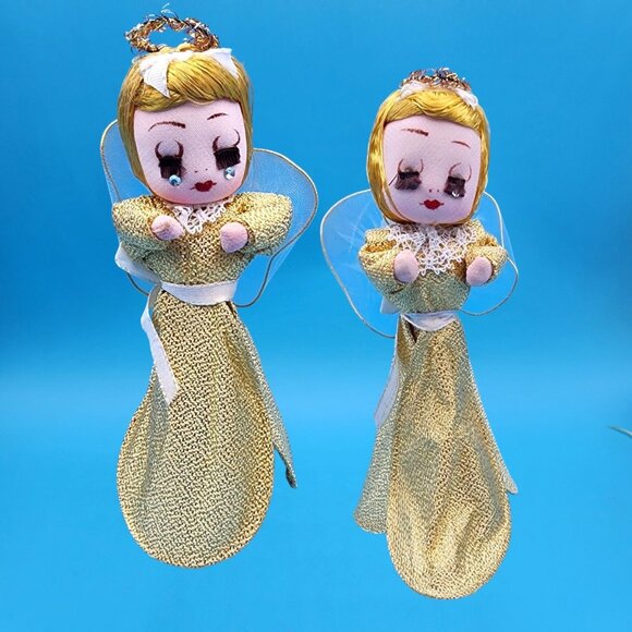 1960s Gold Stockinette Angel Tree Toppers Pair Rhinestone Tears Tulle Wings Gold - Picture 2 of 10